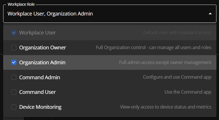 The Workplace Role panel displaying the Workplace User role and five admin roles.